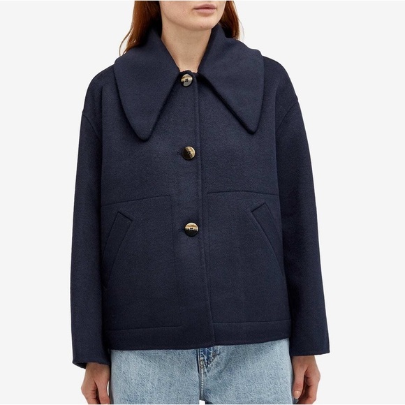 GANNI Wide Collar Wool Blend Jacket peacoat short sky captain size 44 navy - Picture 1 of 11